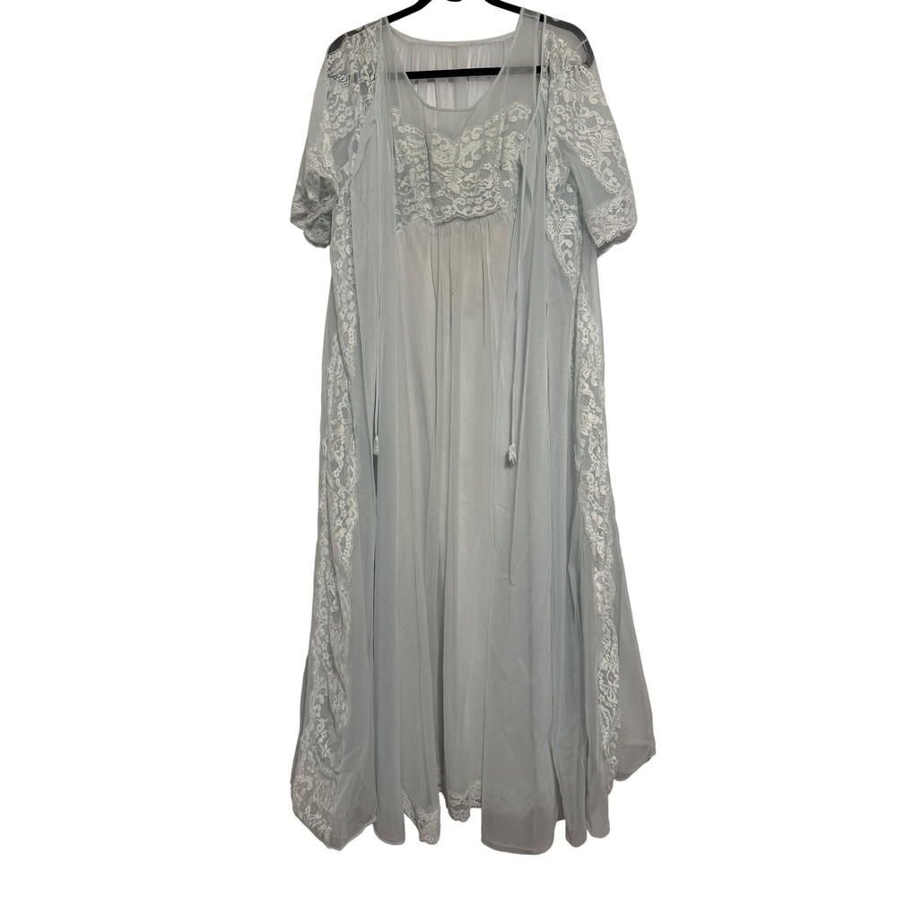 Vintage Shadowline Light Blue‎ Lace Peignoir Set Nightgown Robe Medium 2pc